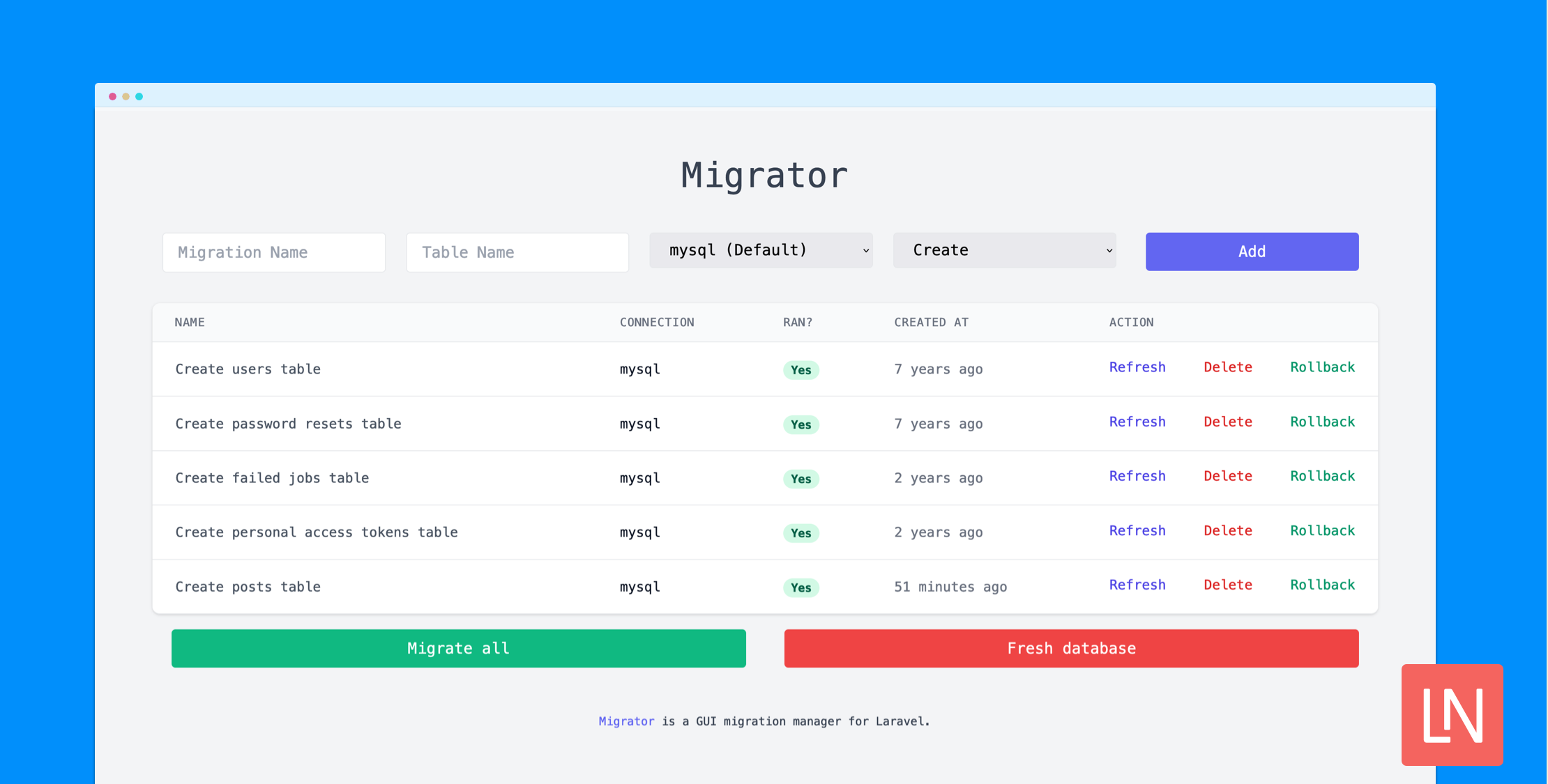 Migrator is a GUI Migration Manager for Laravel